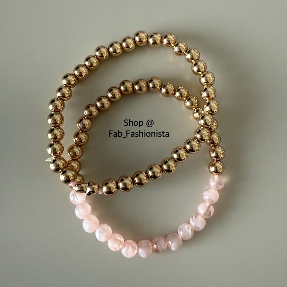 Gold and Pink Beaded Bracelet Set